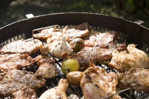 neck shoulder, onion, garlic, potatoes and chicken on grill