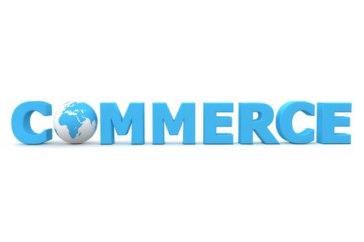 3D globe with word commerce in blue - front view