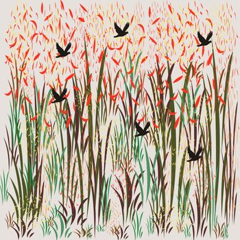 Brids flying through the grasslands, uses include, wallpaper,wrapping paper, greeting cards