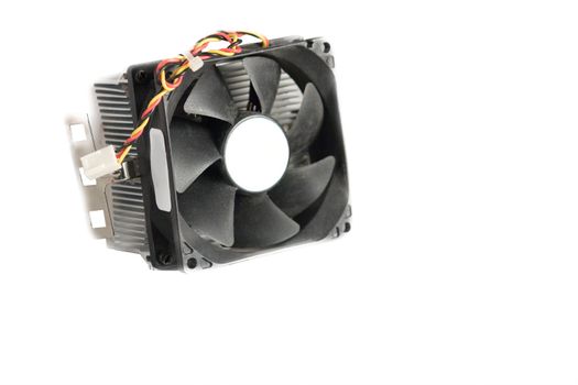 Isolated Computer CPU Cooling Fan Needs Repair on a white background.