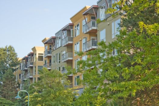 Row of Apartments or Condos with Trees in the foreground.