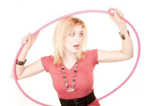 Pretty young woman in casual clothes with plastic hoop