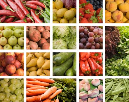 Colorful fruits and vegetables collage made from seventeen pictures.