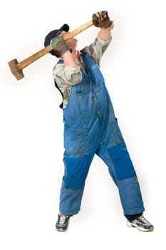 portrait of workman with sledge hammer over white