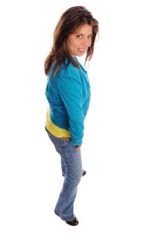 attractive young woman in casual fashion on a white background