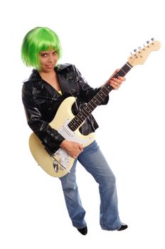 punk rocker with green hair and electic guitar on a white background