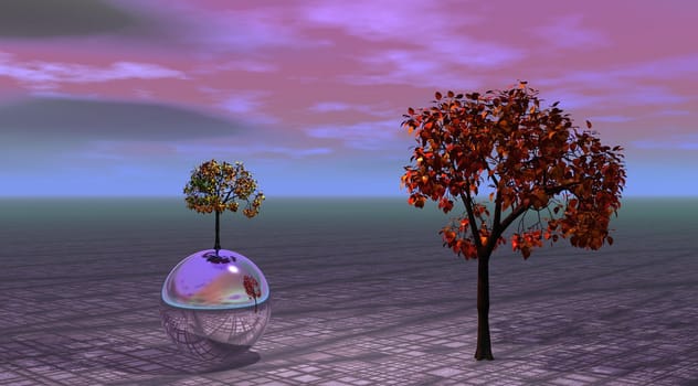 two trees and one ball blue and purpule