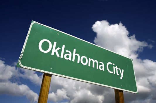 Oklahoma City Road Sign with dramatic blue sky and clouds - U.S. State Capitals Series.