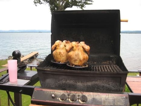 A bbq technique used to cook chickens is to place them cans of beer then grill
