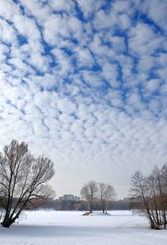 The winter sky with small frequent clouds over lake in a city.