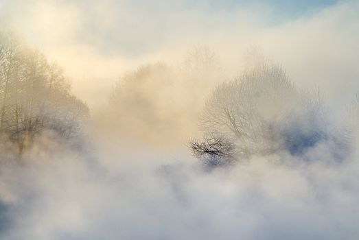 Early morning, strong cold, frosty a smoke. 