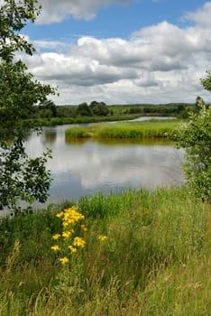 The river with island, a grass on coast, clouds in the sky and their reflexion in water. 