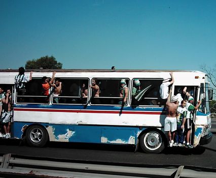 A bus of fans riding to a soccer (football) game in Buenos Aires, Argentina.

