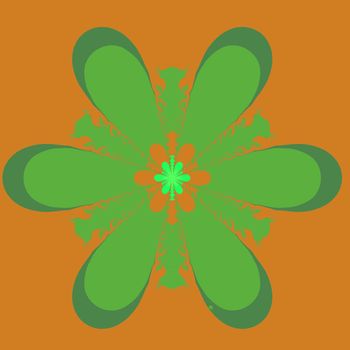 An abstract fractal done in shades of green and orange.