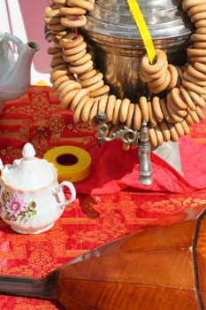 Samovar, drying,  teapot,  balalaika,  table,  cup