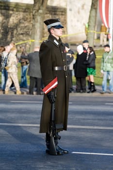 RIGA, LATVIA - NOVEMBER 18: Guard of honour at Military parade of the National Armed Forces. 90th anniversary of establishment of the Republic of Latvia. Riga, Latvia, November 18, 2008