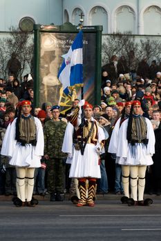 LATVIA - NOVEMBER 18: Greek Color Guard at Military parade of the National Armed Forces. 90th anniversary of establishment of the Republic of Latvia. Riga November 18, 2008
