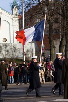 LATVIA - NOVEMBER 18: French Color Guard at Military parade of the National Armed Forces. 90th anniversary of establishment of the Republic of Latvia. Riga November 18, 2008