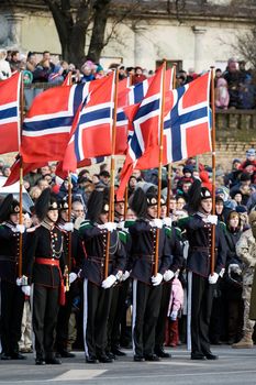 LATVIA - NOVEMBER 18: Norwegian Color Guard at Military parade of the National Armed Forces. 90th anniversary of establishment of the Republic of Latvia. Riga November 18, 2008