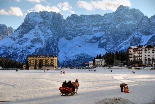 Typical scene in Misurina Iced Lake at Christmas
