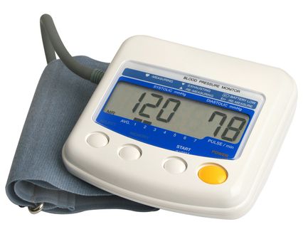 Digital blood pressure gauge over white