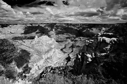 Light and shadow playing on texture of the Grand Canyon featuring Bright Angel Trail