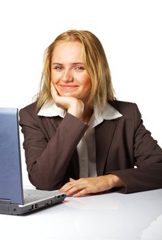 Image of a happy business woman smiling against white background