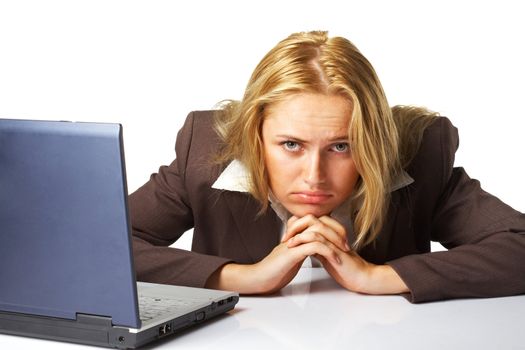 Portrait of an tired business woman isolated over white background