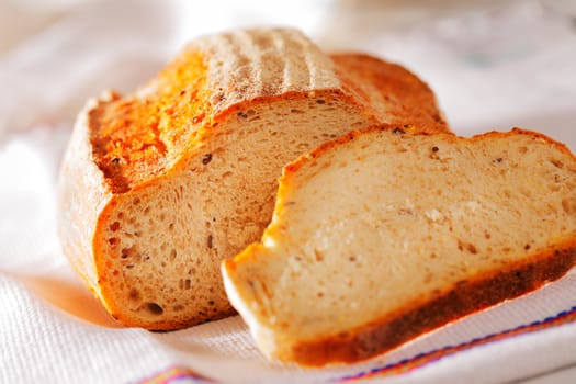 Delicious, fresh, home-made bread on white