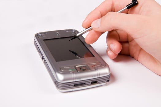 smartphone with businesswoman's hand ready to plan a meeting