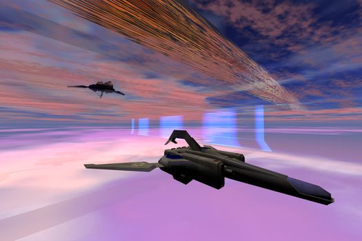 Two starships warp along space enegy fields.