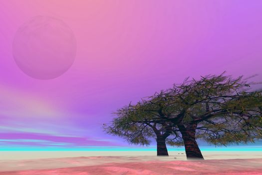 Surreal fantasy landscape with a large moon.