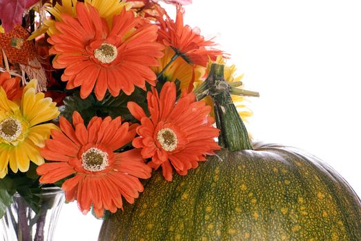 Closeup view of the top of a pumpkin changing colors and some artificial flowers next to it, isolated against a white background