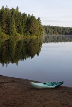 The reflection of evergreen trees in Pog Lake, in Algonquin Park, Ontario, Canada.
