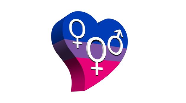Two female and one male symbols representing a bisexual woman in flag color heart in white background