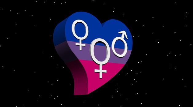 Two female and a male symbols representing a bisexual woman in flag color heart in dark night with stars