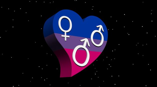 Two male and a female symbols representing a bisexual man in flag color heart in dark night with stars