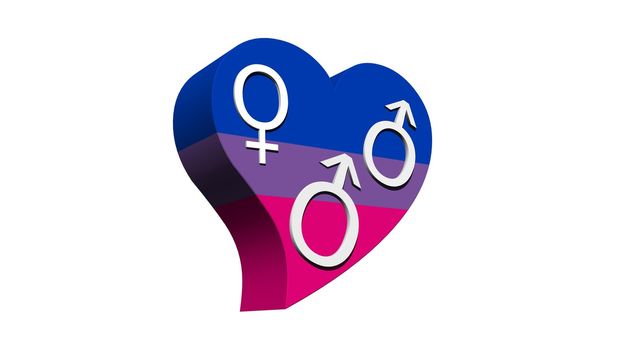 One female and a male symbols symbolizing a bisexual man in flag color heart in white background