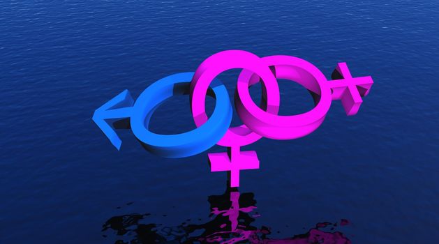 Two pink female symbols and one blue male symbol representing a bisexual woman upon ocean
