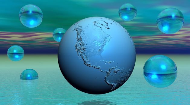 Blue earth surrounded by transparent bubbles in blue ocean and sky background