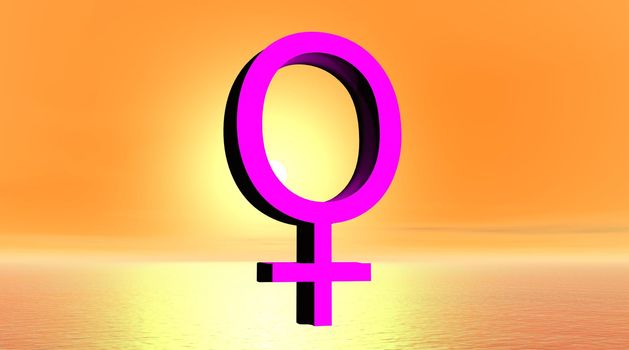 Pink female symbol in front of orange and yellow sunny background
