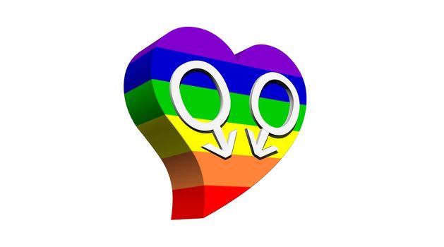 Two male symbols representing a gay couple in rainbow color heart with white background
