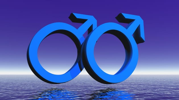 Two blue male symbols representing a gay couple upon ocean by bue night