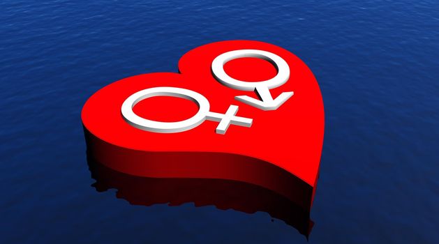 One male and one female symbol representing a heterosexual couple in red heart floating in the ocean