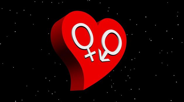 One male and one female symbol representing a heterosexual couple in red heart in night with stars