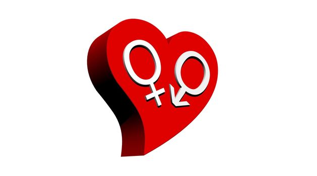 One male and one female symbol representing a heterosexual couple in red heart with white background