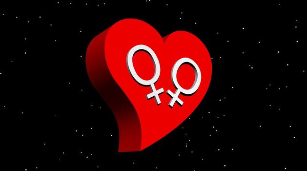 White venus symbols representing a lesbian couple in red heart in the night with stars