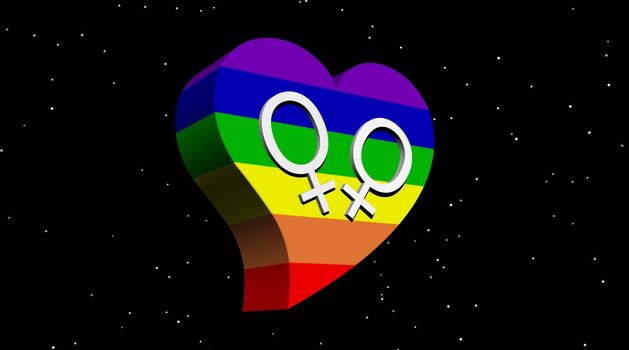 Two white venus symbols representing a lesbian couple in rainbow color heart in night with stars