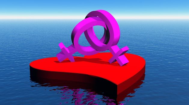 Two pink female symbols representing a lesbian couple on a red heart floating on the ocean