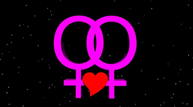 Two female symbols representing a lesbian couple holding red heart in the night with stars